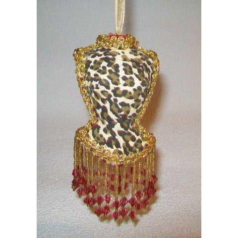 An unusual and charming Victorian inspired red and leopard velvet dress mannequin ornament with beaded fringe. This...