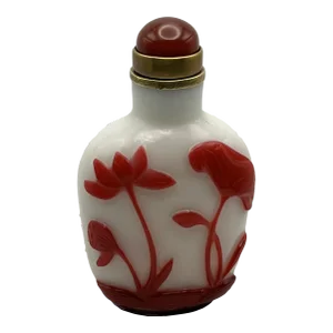 Vintage Early 20th Century Opaline Beijing Glass Bottle With Red Glass Overlay of Lotus