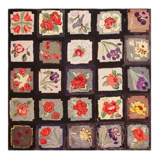 1930s Black Roses Birds Folk Art Antique American Hooked Rug 7' 10'' X 7' 10'' Woven Wool Carpet For Sale