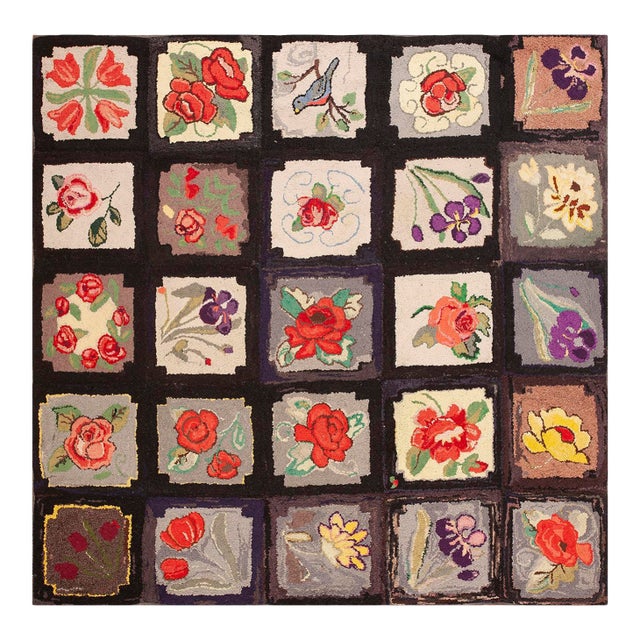 1930s Black Roses Birds Folk Art Antique American Hooked Rug 7' 10'' X 7' 10'' Woven Wool Carpet For Sale