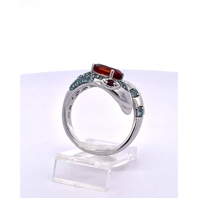 1970s Polished 14k White Gold Garnet and Ruby Cocktail Ring With Blue Topaz, Size 5 For Sale - Image 9 of 9
