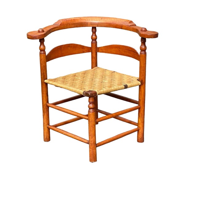 Antique Tiger Maple Corner Chair / Roundabout Chair With Splint Seat For Sale - Image 4 of 12