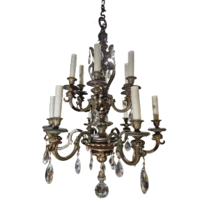 1920s 2 Tiered Solid Bronze 12 Socket Chandelier