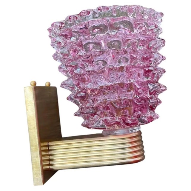 Mid-Century Modern Two 1990s Barovier Style Art Deco Rostrato Pink Murano Glass Wall Sconces For Sale - Image 3 of 10