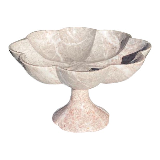 Pink Carved Italian Marble Stone Pedestal Fruit Bowl With Scalloped Edges For Sale