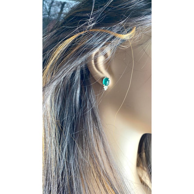 Metal 14k Yellow Gold Colombian Cabochon Emerald and Diamond Drop Bezel Set Earrings, A Pair For Sale - Image 7 of 9