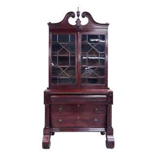 Antique Empire Flame Mahogany Secretary Desk and Bookcase For Sale