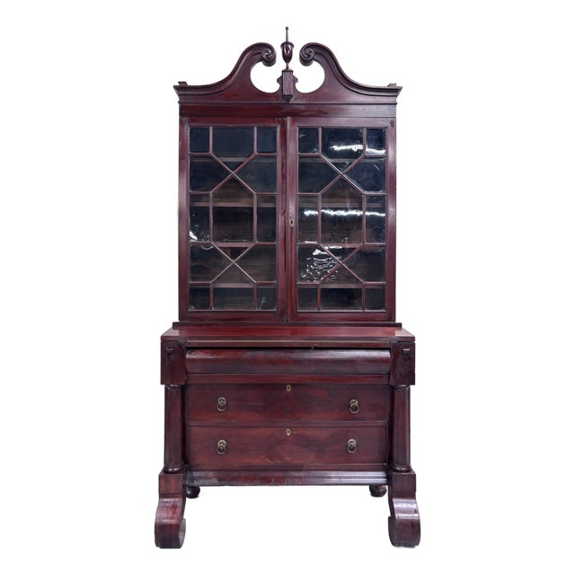 Antique Empire Flame Mahogany Secretary Desk and Bookcase For Sale