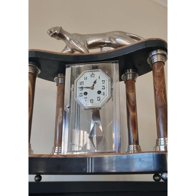 Art Deco Cubist Clock with Bronze Panther and Lamps from Decoux, 1930s, Set of 3 For Sale - Image 9 of 11