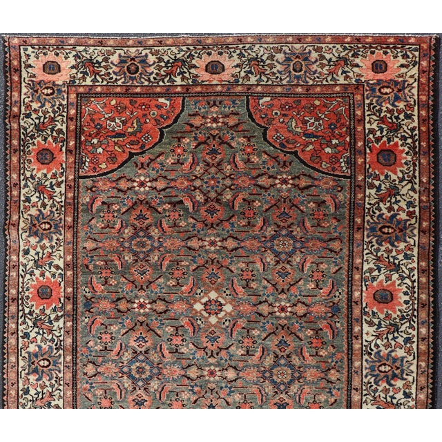 Tribal Antique Persian Malayer Rug With Teal Field and Coral Spandrel Design 4'7 X 6'3 For Sale - Image 3 of 11