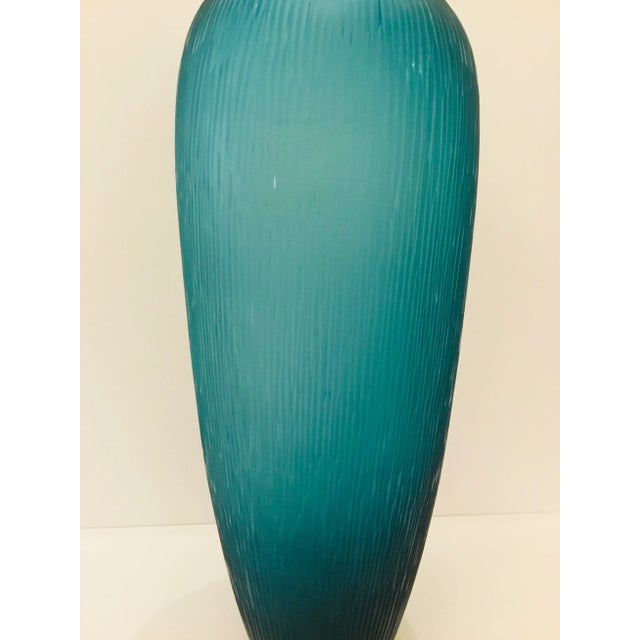 Stylish Tall Modern Etched Blue Glass Vase, showroom floor sample