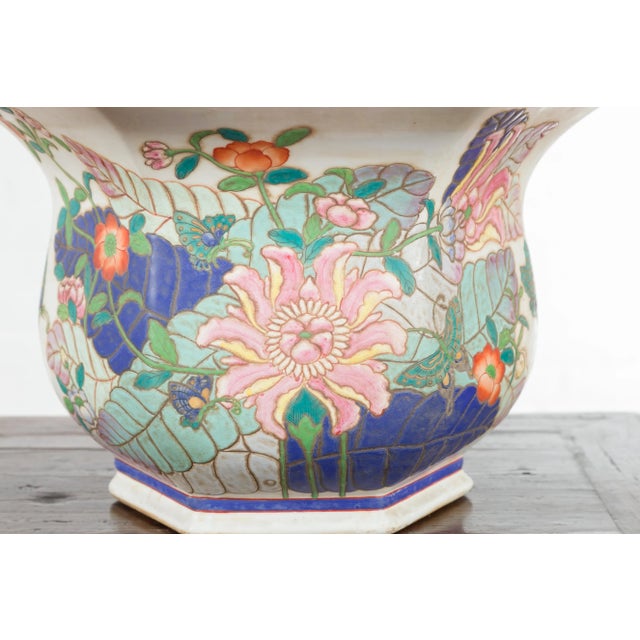 Chinese Vintage Hexagonal Planter with Pastel Foliage, Flowers and Butterflies For Sale - Image 11 of 13