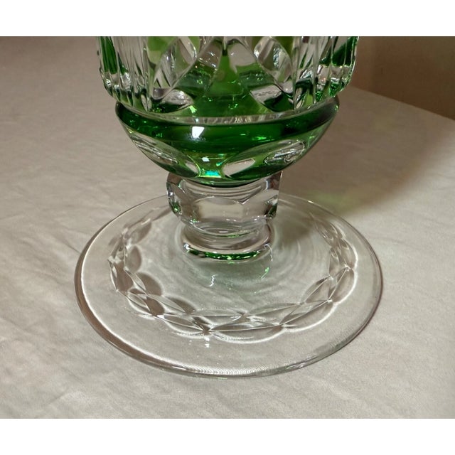 Vintage Handmade Green Czech Cut to Clear Crystal Glass Tall Ornate Flower Vase For Sale - Image 9 of 10