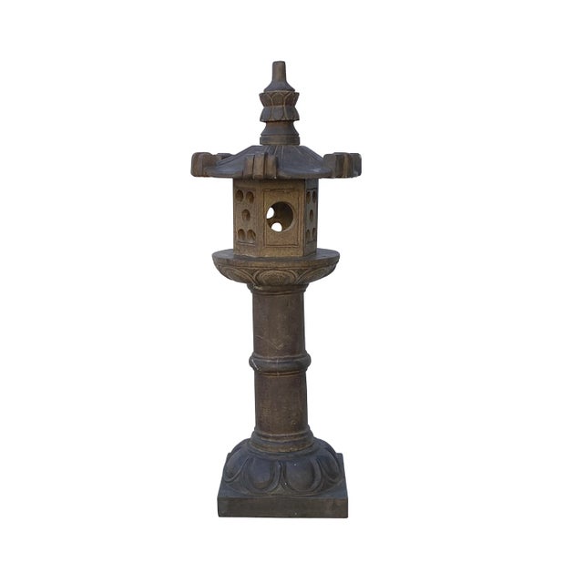 2020s Oriental Zen Gray Stone Hexagon Tower Garden Lantern Statue For Sale - Image 5 of 7