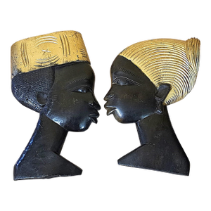 Pair of Vintage African Carved Wall Plaques – Male & Female Profiles