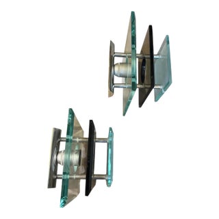 Two 1960s Space Age Steel and Heavy Glass Wall Sconces by Veca For Sale