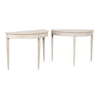 Pair, 19th Century White Swedish Gustavian Demi Lune Side Tables Consoles For Sale