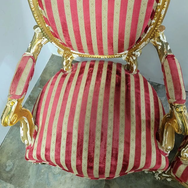 Antique French Striped Baroque Carved Giltwood Chairs and Sofa Set - Project For Sale In Raleigh - Image 6 of 12