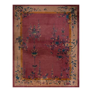 1920s Purple Floral Vase Antique Chinese Art Deco Carpet 9' X 11' 6" Knotted Wool Rug For Sale