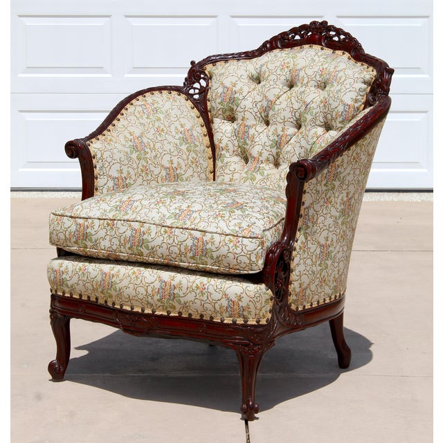 French Antique French Louis XV Style Bergère Armchair – Hand-Carved Mahogany, Tufted Floral Upholstery, C. Late 19th Century For Sale - Image 3 of 18