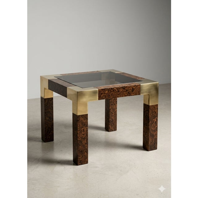 Splendid 1970s Mid-Century Modern coffee table, made in Italy, created from fine walnut burl veneer with warm flamed tones...