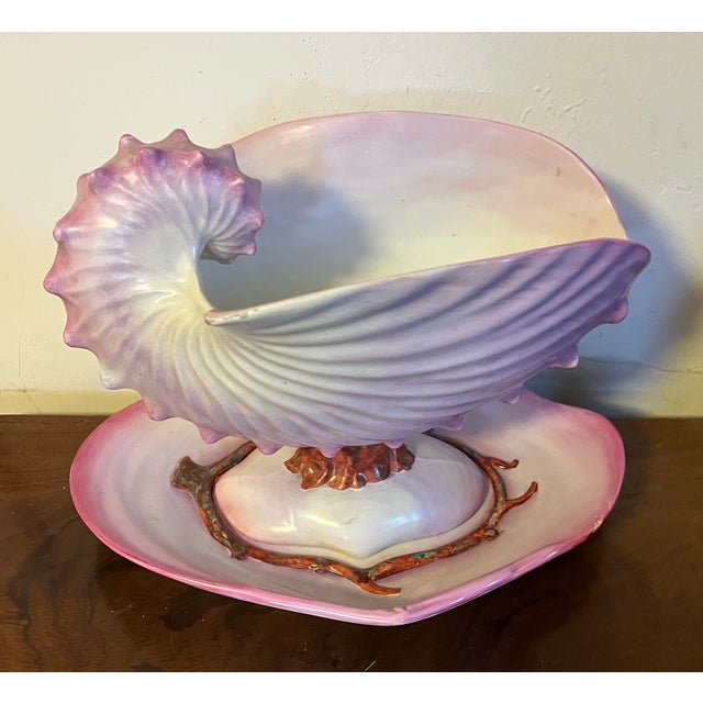 Wedgwood Antique 19th Century Wedgwood Pearlware Centerpiece - Pink Nautilus Sea Shell Compote Tureen With Clam Shell Under Tray For Sale - Image 4 of 18