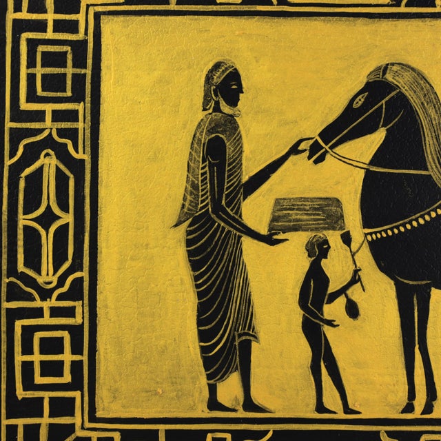 Vintage Hand Painted Egyptian Revival Tole Tray Black and Gold Pharaoh Motif Rectangular Serving Tray For Sale In New York - Image 6 of 12