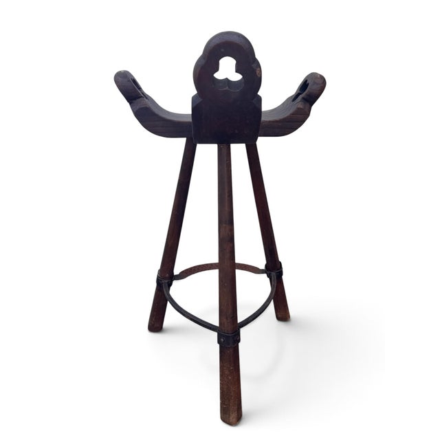 Vintage Brutalist Hand-Carved Wood Tripod Bar Stool With Forged Iron Footrest For Sale - Image 4 of 8