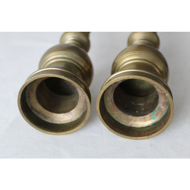 Vintage Mid Century Large Brass Altar Floor Candle Holders Patina, a Pair For Sale - Image 9 of 10