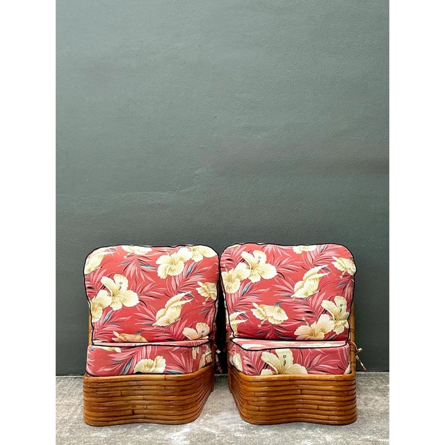 Vintage Stacked Wave Rattan Slipper Chairs After Paul Frankl For Sale - Image 11 of 13