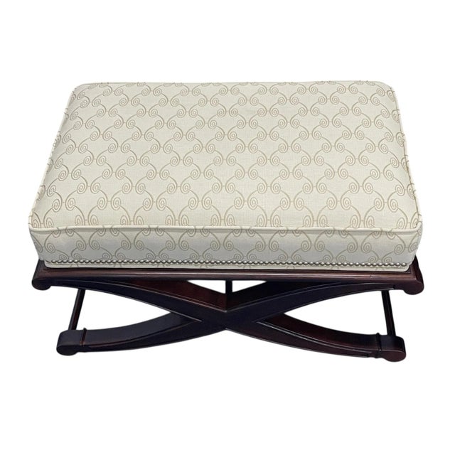 Mahogany Footstools With X Form Base, a Pair, Custom Upholstery, Ottoman, Bench For Sale - Image 10 of 12