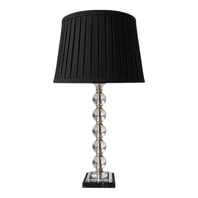 Late 20th Century Crystal Orb Table Lamp With Black Pleated Shade and Black Marble Base For Sale
