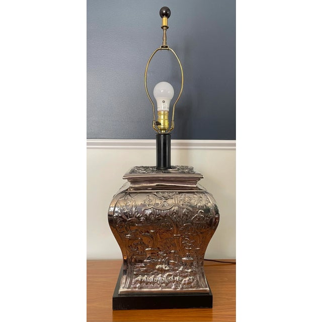 Vintage Chinoiserie Mercury Glass Pagoda Scene Table Lamp For Sale - Image 11 of 11