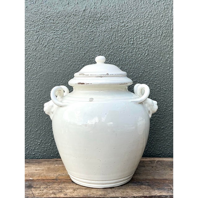 Cream Vintage Glazed Ceramic Lidded Urn For Sale - Image 8 of 12