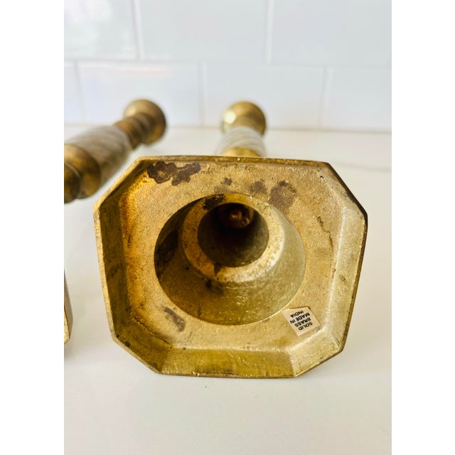 Metal Vintage Brass Candlesticks a Pair For Sale - Image 7 of 9
