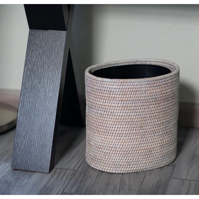 Artifacts Rattan Oval Waste Basket with Metal Liner in White Wash - 11" For Sale In Houston - Image 6 of 7