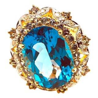 Bochic "Orient" Vintage Blue Topaz, Sapphire & Diamonds Ring S18K Gold & Silver For Sale
