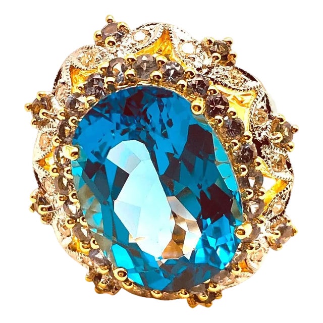 Bochic "Orient" Vintage Blue Topaz, Sapphire & Diamonds Ring S18K Gold & Silver For Sale