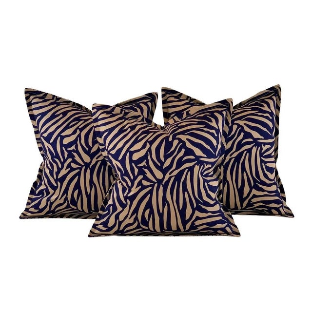 Textile Designer Vicki Payne Free Spirit Navy Blue & Taupe Brown Zebra Animal Print Pillow Covers- 3 Pieces For Sale - Image 7 of 7