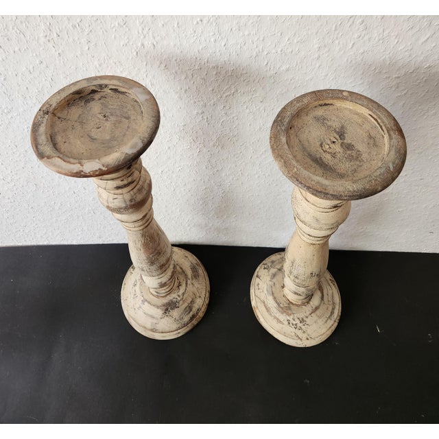 Antique Country House Shabby Chic Wooden Candleholders for Pillar Candles, France, 1950s For Sale - Image 9 of 18