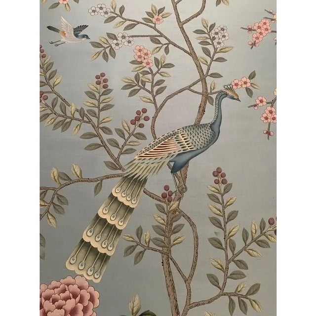 Chinoiserie Peacock Wallpaper Unframed Hand Painted Floral Mural - 2 Panels For Sale - Image 4 of 5