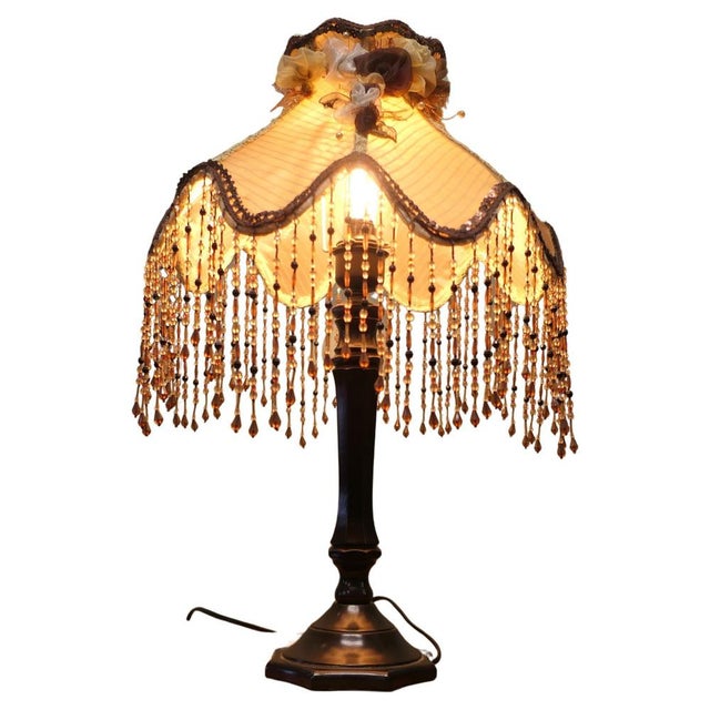 Brown Tall Art Deco Bakelite Table Lamp with Beaded Shade, 1930 For Sale - Image 8 of 8