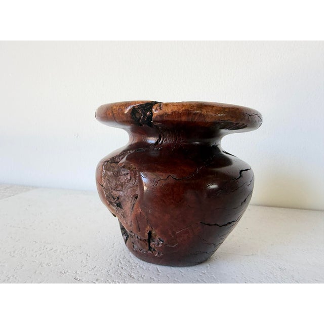 Vintage 1980s handcrafted sculptural decorative vase made from natural burl wood featuring impressive organic texture and...