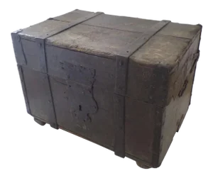 Old Late 18th Early 19th Century Metal Bound Trunk Shaped Hasp Traces of old Paint Small Coffee Table