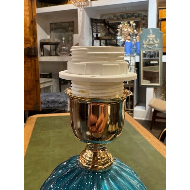 Pair of Modern Teal Ball Form Murano Glass Lamps For Sale - Image 4 of 6