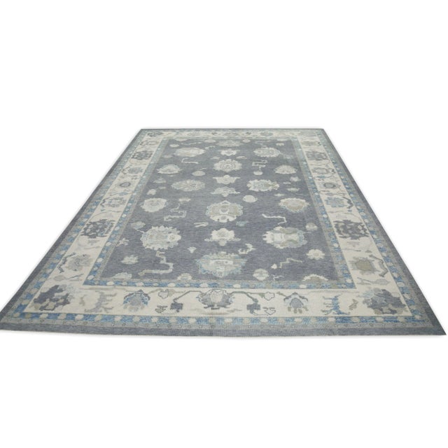 Early 21st Century Gray & Blue Floral Design Handwoven Wool Turkish Oushak Rug 9' X 11'10" For Sale In Houston - Image 6 of 8