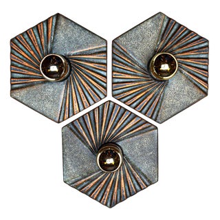 Hexagonal Wall Lamps in Blue, Green and Golden Ceramic from Hustadt Leuchten, Germany, 1970s, Set of 3 For Sale