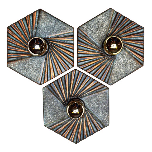 Hexagonal Wall Lamps in Blue, Green and Golden Ceramic from Hustadt Leuchten, Germany, 1970s, Set of 3 For Sale