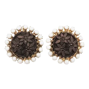 Vintage 1960s Signed Alice Caviness Faux-Hematite Carved Flower Clip Earrings - 2 Pieces