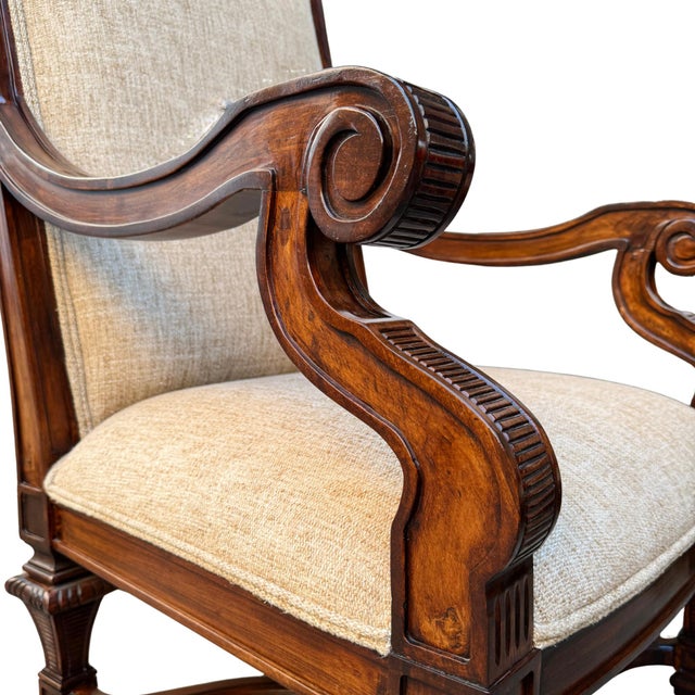 1980s Neoclassical Hand-Carved Mahogany Armchairs With Rolled Arms & X-Stretcher - A Pair For Sale - Image 9 of 14